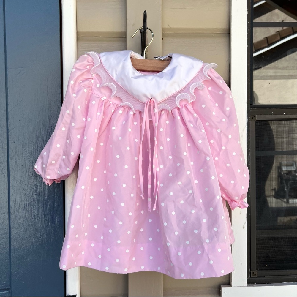 Vintage Pink Polka Dot Girls dress with White Collar made USA 3T